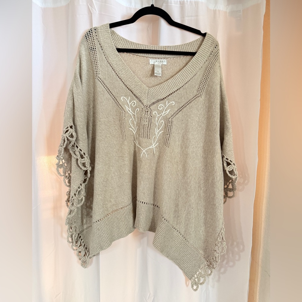 Vintage Kenar Crochet Poncho Sweater | 90s Boho Cotton Knit V-Neck - Picture 2 of 7